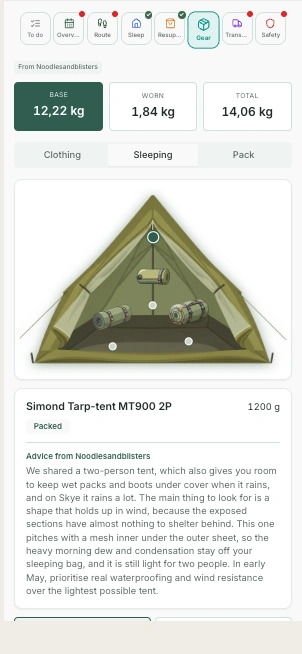 Tested gear list screen in the HYKA app