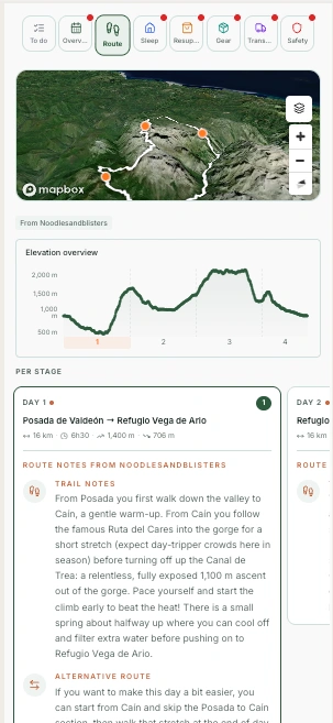 The El Anillo Vindio plan in HYKA: route map, elevation overview and day-by-day stages