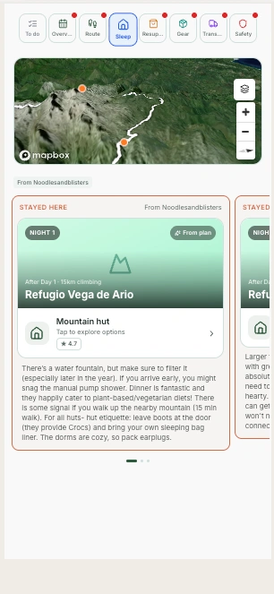 Every refugio night screen in the HYKA app