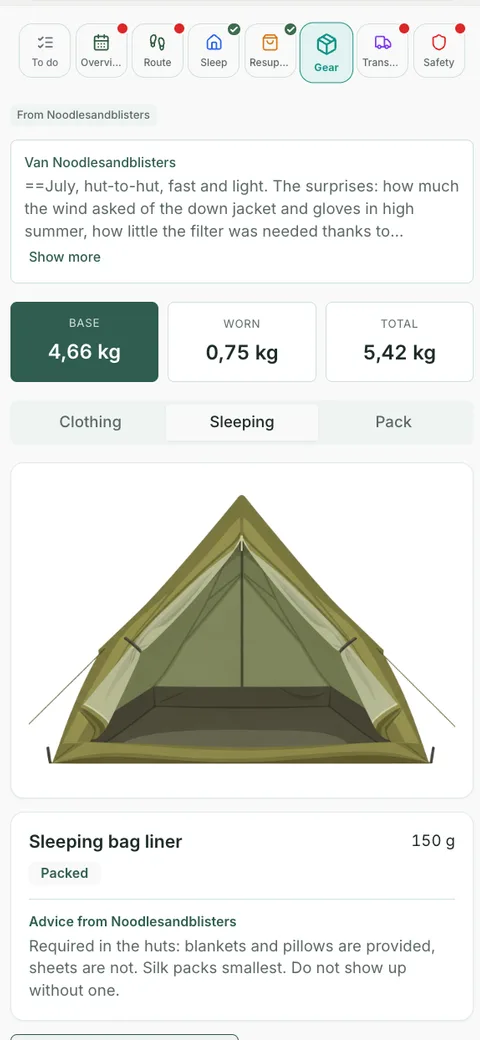 Tested gear list screen in the HYKA app