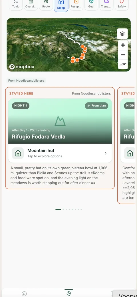 Every rifugio night screen in the HYKA app