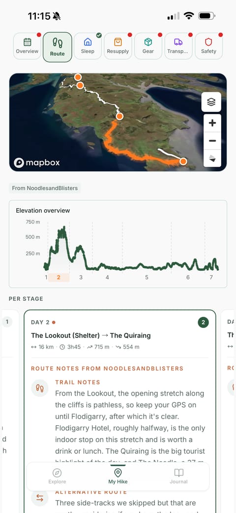 HYKA app: route map with elevation overview and day-by-day trail notes