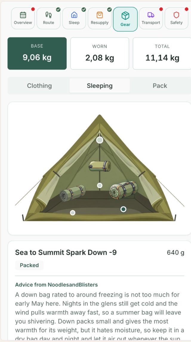 Gear module in HYKA: pack weight and gear items with advice