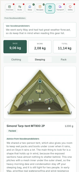 Tested gear list screen in the HYKA app