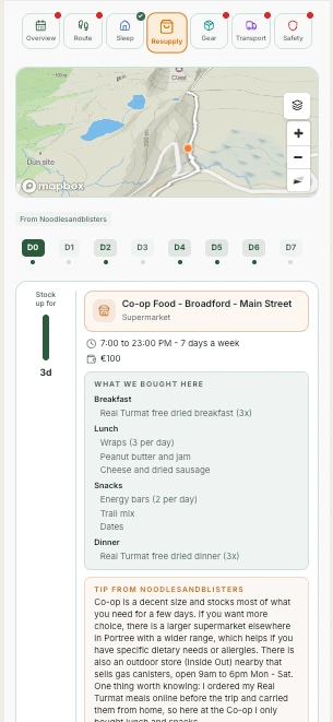 Resupply planning screen in the HYKA app