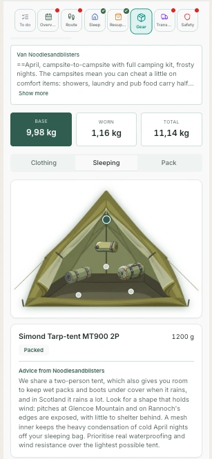 Tested gear list screen in the HYKA app